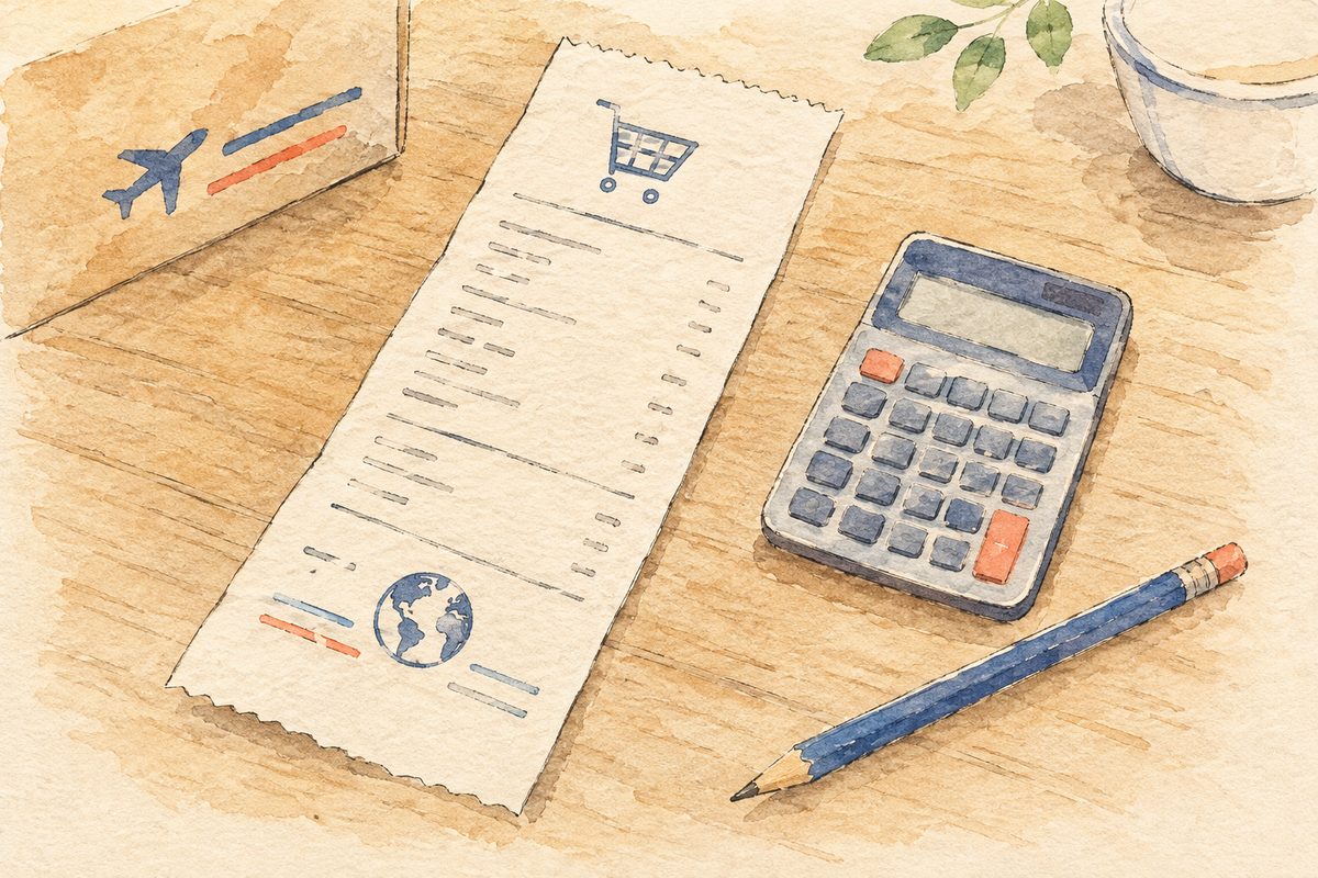 Watercolor of a receipt, a small calculator and a pencil on a wooden desk