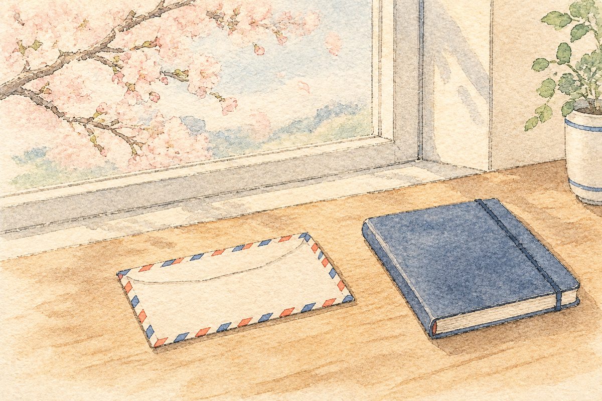 Watercolor of an airmail envelope and a notebook on a spring windowsill with cherry blossoms outside