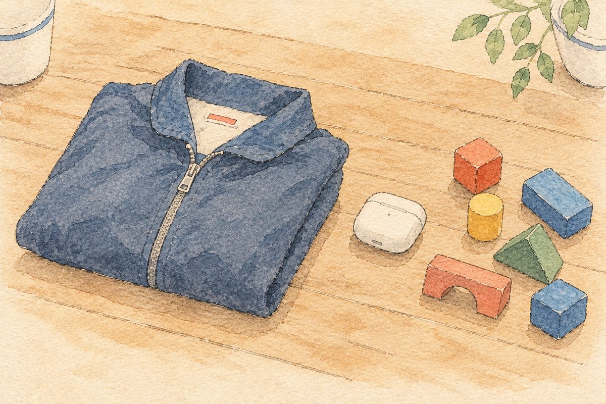 Watercolor of a folded jacket, an earbud charging case and building blocks on a desk