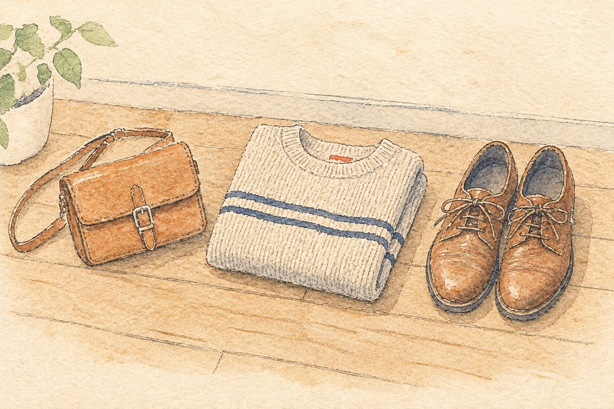 Watercolor of a leather bag, a knit sweater and leather shoes lined up on a floor