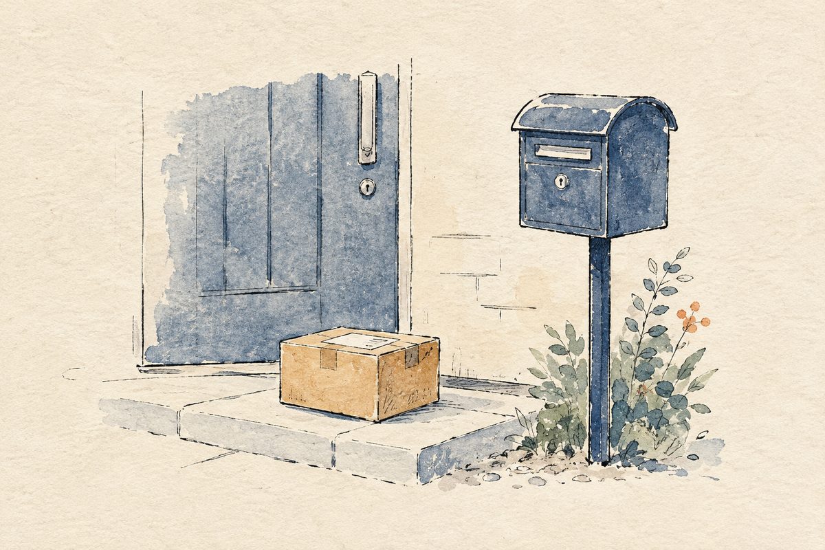 Watercolor of a small cardboard box on a doorstep next to a blue mailbox