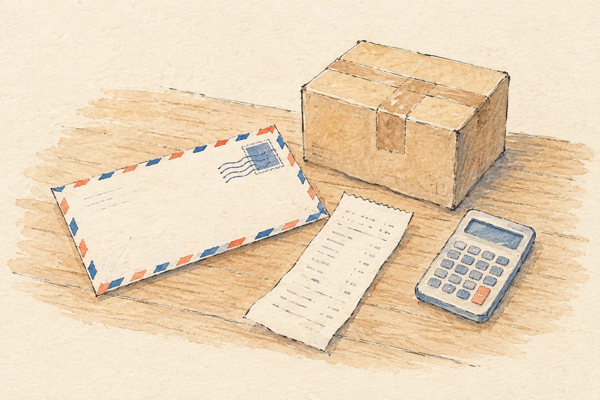 Watercolor of a small cardboard box, an airmail envelope, a receipt and a calculator on a wooden desk